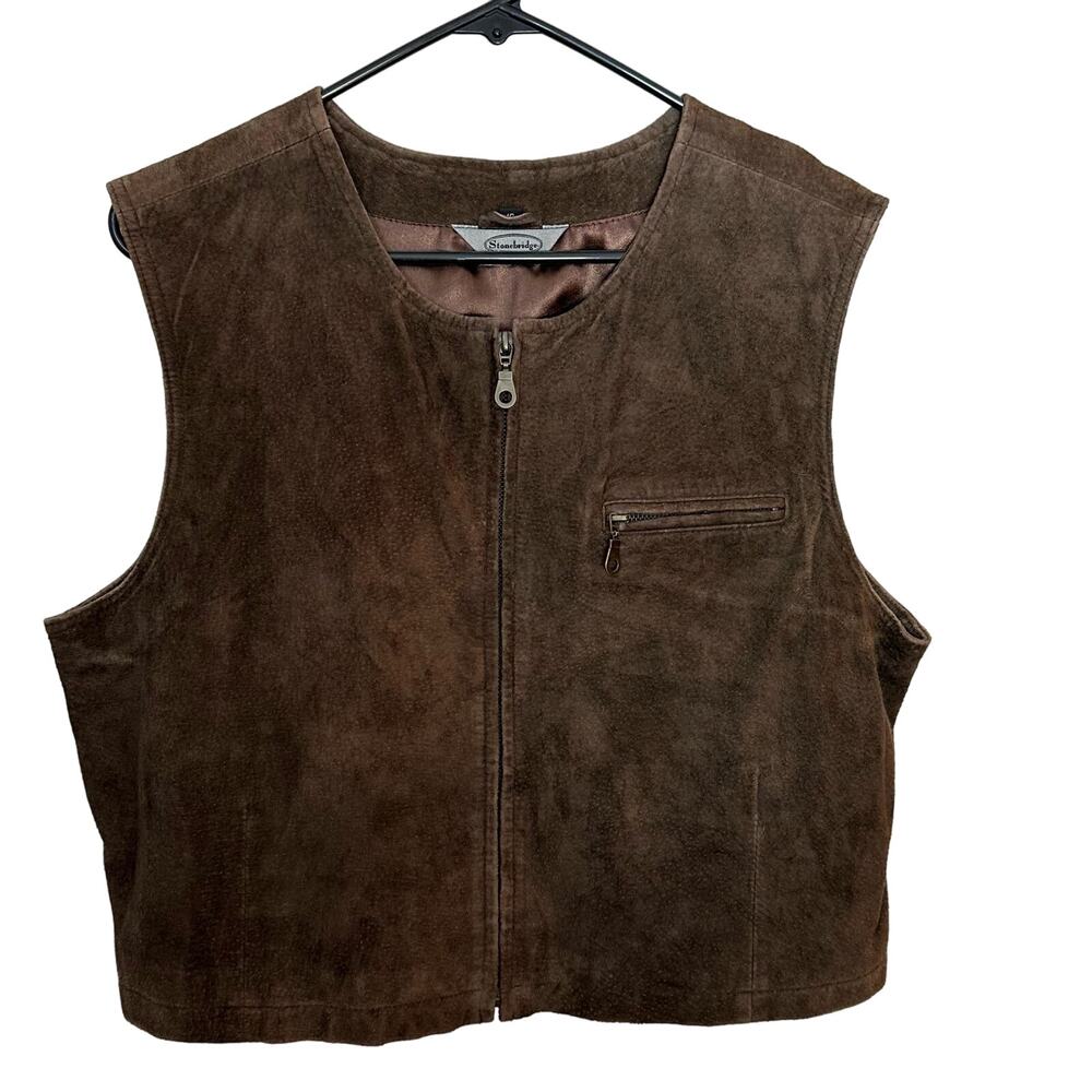 Western‎ Cowgirl Stonebridge Suede Vest Brown Suede Nylon Lining Zip Up Size 16